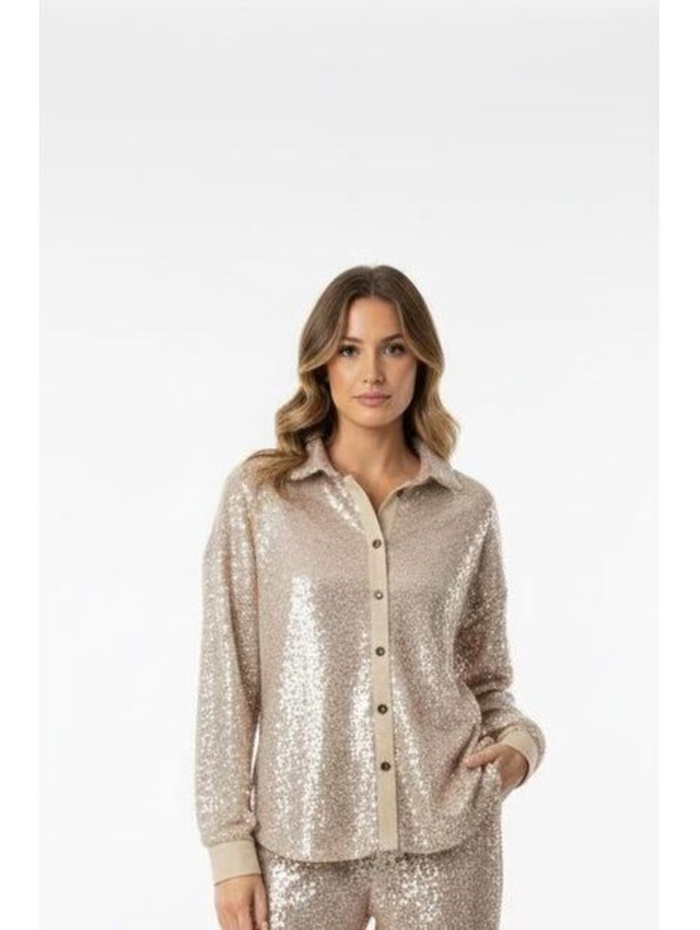 OW Collection Silver Sequin Button-Up Shirt NWT